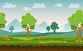 Flat cartoon vector seamless landscape with trees, hills and mountains in the background for your game Royalty Free Stock Photo