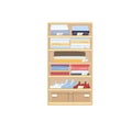 Flat cartoon wardrobe shelves,different clothes and shoes with price tags,clothing store interior elements vector