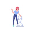 Flat cartoon woman character holds chess figure,strategic planning and decisions making metaphor vector illustration