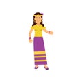 Flat cartoon woman hippie. Happy and carefree female with long brown hair, dressed in long purple skirt and yellow t