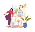 Flat cartoon woman stretch at workplace at home Royalty Free Stock Photo
