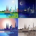 Flat castle in the city scene set: day, night, sunset, sepia Royalty Free Stock Photo