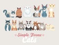 Flat cats family isolated vector set. Long banner cartoon illustration domestic cats