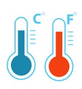 Flat celsius and fahrenheit thermometers cold and heat temperature icon vector