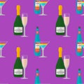 Flat champagne liquor bottles glasses seamless pattern