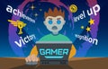 Video game addiction flat illustration, the young