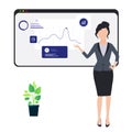 Flat character illustration businesswoman as a keynote speaker, presenting statistical reports at meetings. Suitable for all needs