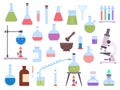 Flat chemistry laboratory glassware equipment for science experiment. Medical lab beaker, test tube, microscope, burner