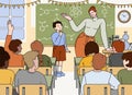 Flat school chemistry teacher and pupil boy stand at chalkboard in classroom