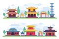 Flat chinatown or ancient chinese city street landscape. Asian old buildings, houses, temples and pagoda. Cartoon china Royalty Free Stock Photo