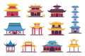Flat chinese and japanese buildings, ancient temple, pagoda and shrine. Asian old architecture in traditional style Royalty Free Stock Photo
