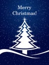 Flat Christmas background, holiday with fir tree on a blue background.