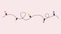 Flat vector illustration of a string of hanging Christmas lights with colorful bulbs on a pink background Royalty Free Stock Photo