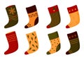 Flat Christmas sock Santa boot stocking vector set Royalty Free Stock Photo