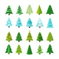 Flat christmas winter trees with festive xmas decoration vector collection