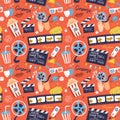 Flat cinema seamless pattern design with film reel, clapper, popcorn, 3D glasses. Cartoon flat Vector Illustration for print,