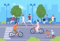 Flat city people street. Town park nature landscape bicycle walk urban lifestyle walking man and woman. City background Royalty Free Stock Photo