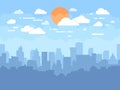 Flat cityscape with blue sky, white clouds and sun. Modern city skyline flat panoramic vector background Royalty Free Stock Photo