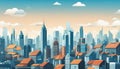 Flat cityscape with blue sky white clouds and sun Modern city skyline flat panoramic vector background stock illustrationCity Royalty Free Stock Photo