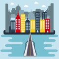 Flat Cityscape with Buildings and Bridge over the River Royalty Free Stock Photo