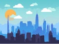 Flat cityscape in the morning with blue sky, white clouds and sun. Urban city skyline illustration. Royalty Free Stock Photo