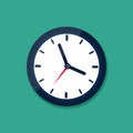 Flat clock icon on blue wall. Countdown of time of timer for sport. Ticking round watch isolated. Simple stopwatch logo. Deadline Royalty Free Stock Photo