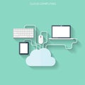 Flat cloud computing background. Data storage network technology. Multimedia content and web sites hosting.