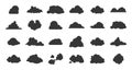 Flat clouds icon. Black nature shadow silhouettes. Vector illustrations various form cloud sky pictogram set on white