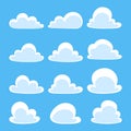 Flat clouds set in the blue sky. Cartoon clouds design in different shape.