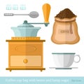 Flat coffee cup bag spoon lump sugar coffee beans coffee mill icon Royalty Free Stock Photo