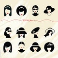 Flat collection of icons of various women with stylish hairstyles in hats and without. Royalty Free Stock Photo