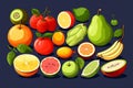 Flat color clip art featuring a variety of delicious fruits