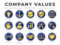 Flat Color Company Core Values icon Set. Innovation, Stability, Security, Reliability, Legal, Sensitivity, Trust, High Standard, Royalty Free Stock Photo