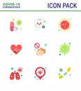 9 Flat Color Coronavirus disease and prevention vector icon heart care, heart, stethoscope, beat, virus