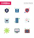 9 Flat Color coronavirus epidemic icon pack suck as securitybox, protection, machine, medical, shield