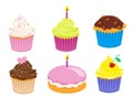 Flat color cupcakes icon set. Cartoon flat cake set isolated on white background vector illustration. Happy birthday Royalty Free Stock Photo