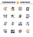 16 Flat Color Filled Line viral Virus corona icon pack such as disease, illness, infect, hospital chart, shield