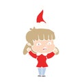 flat color illustration of a worried woman wearing santa hat