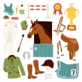 Flat color jockey icons set with equipment for horse riding isolated and horseshoe saddle sport race equestrian stallion Royalty Free Stock Photo