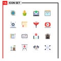 Flat Color Pack of 16 Universal Symbols of electric, camera, laptop, education, network