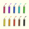 Flat color pencil icons, colour pencils with scratches set