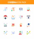 16 Flat Color Set of corona virus epidemic icons. such as insurance service, laboratory, people, lab, human eye