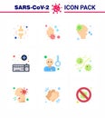 9 Flat Color Set of corona virus epidemic icons. such as survice, online, water drop, keyboard, virus