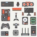 Flat color vector computer part icon set. Cartoon style. Digital gaming and business office pc desktop device