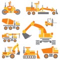 Flat color vector icon construction machinery set with bulldozer, crane, truck, excavator, forklift, cement mixer
