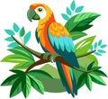 A flat color vector image of a parrot preached on tree branch. Royalty Free Stock Photo