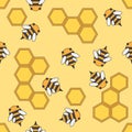 Flat color vector seamless beekeeping pattern. Fabric textile beekeeping pattern. Cute doodle pattern with bees and Royalty Free Stock Photo