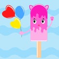 Flat colored isolated striped ice cream sprinkled with a pink glaze. On a wooden stick. With a bunch of bright water balloons in