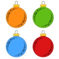 Flat colored set of isolated Christmas toys in the form of balls of blue, green, red, orange. With a black outline. Simple design