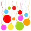 Flat colored set of isolated Christmas toys in the form of balls on thin ropes. Simple design for processing